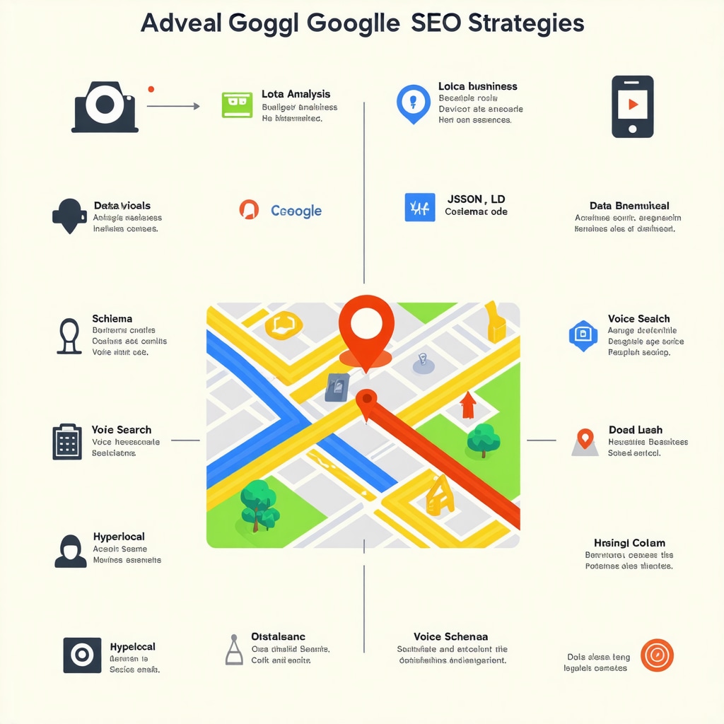 Infographic showing behavioral analytics, schema markup, voice search, and hyperlocal content for Google Maps SEO