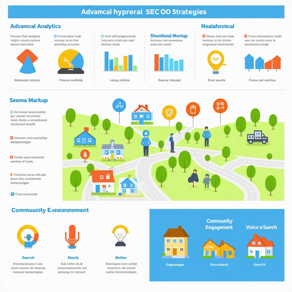Infographic showing advanced hyperlocal SEO tactics including behavioral analytics, schema markup, and community engagement