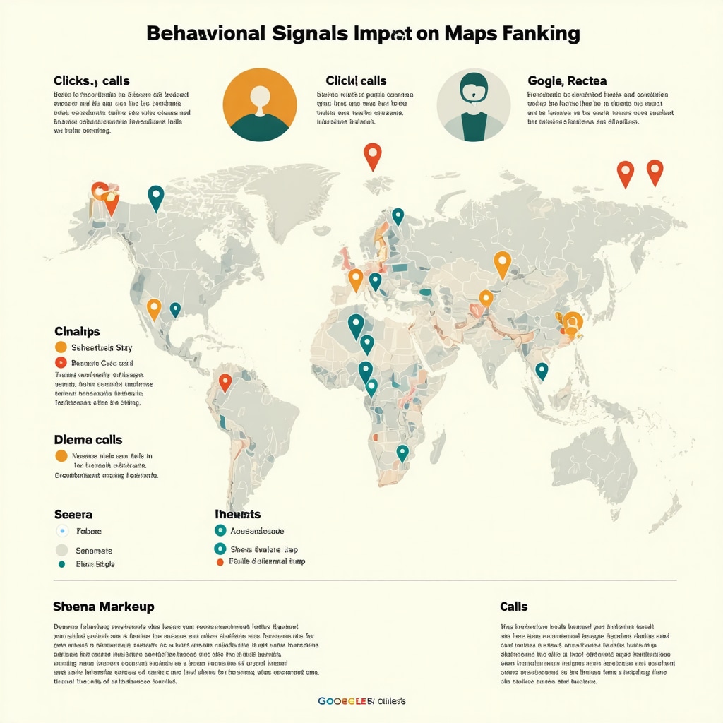 Infographic depicting user engagement metrics and schema markup boosting Google Maps SEO rankings