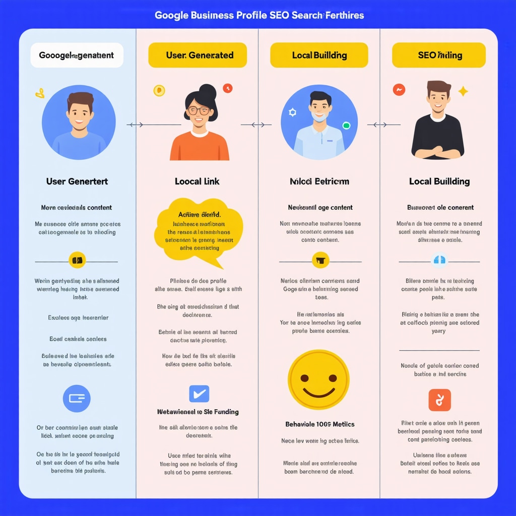 Infographic showing advanced Google Business Profile SEO strategies including user-generated content, local link building, and behavioral SEO metrics