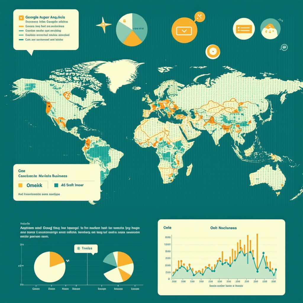 Infographic showing AI-powered analytics, geo-fencing maps, and review sentiment icons related to Google My Business optimization