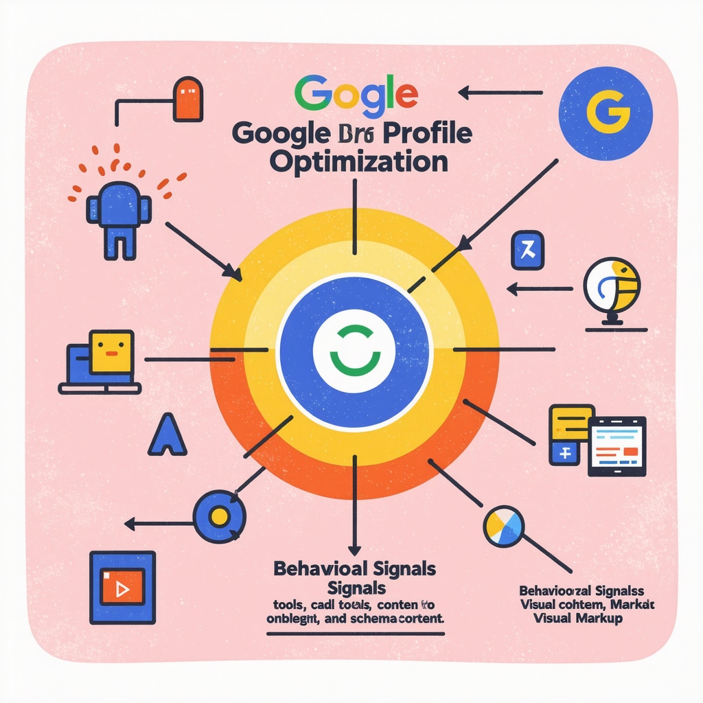 Diagram depicting advanced Google Business SEO strategies including behavioral signals, AI, visual content, and schema markup