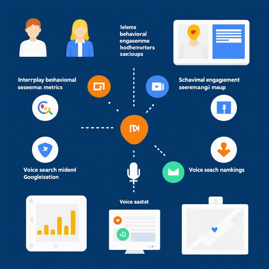 Infographic depicting behavioral metrics, schema markup, and voice search elements enhancing Google Maps SEO