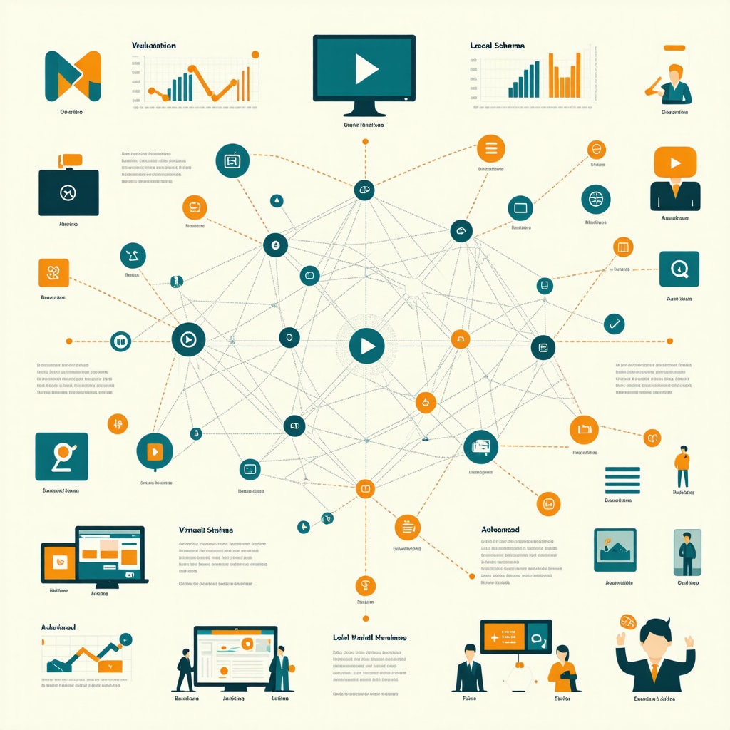 Infographic depicting semantic keyword networks, behavioral data charts, schema markup symbols, and multimedia content for local SEO