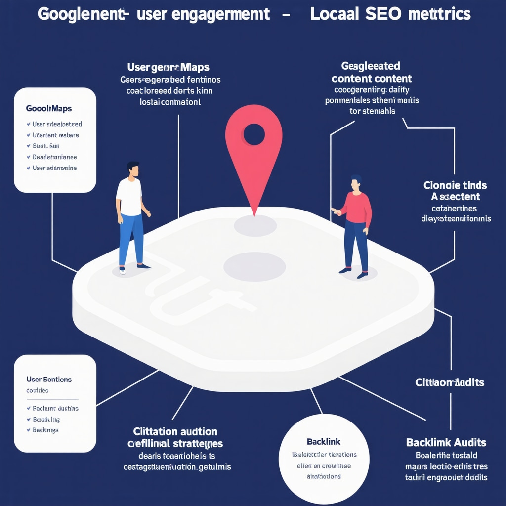 Infographic depicting user engagement, UGC, citation audits, and backlink strategies for Google Maps SEO