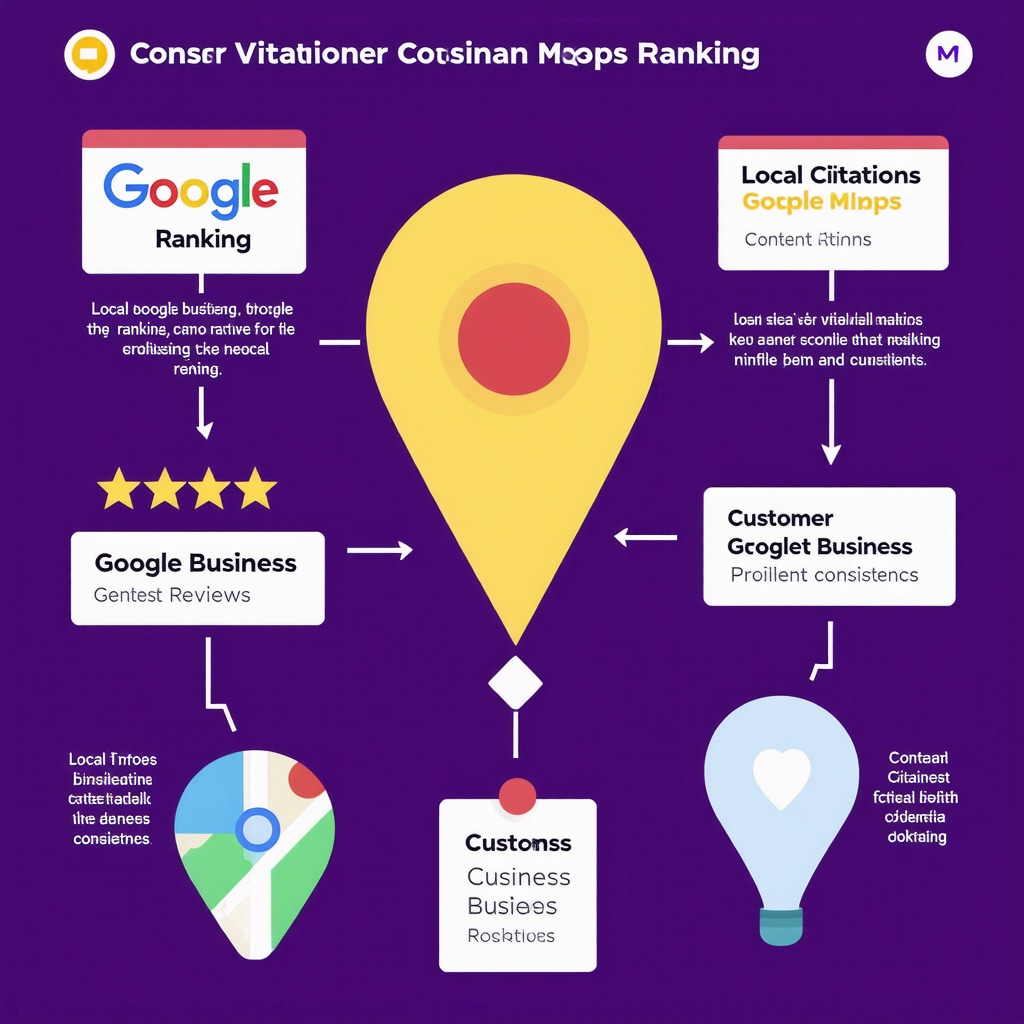 Infographic depicting key elements like citations, reviews, and content updates influencing Google Maps ranking