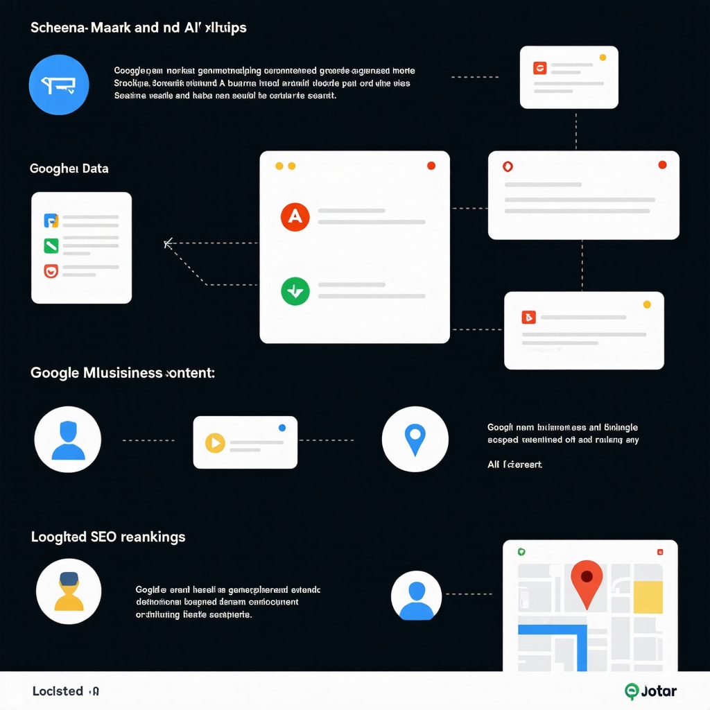 Infographic depicting how schema markup and AI-generated content work together to improve Google My Business local SEO