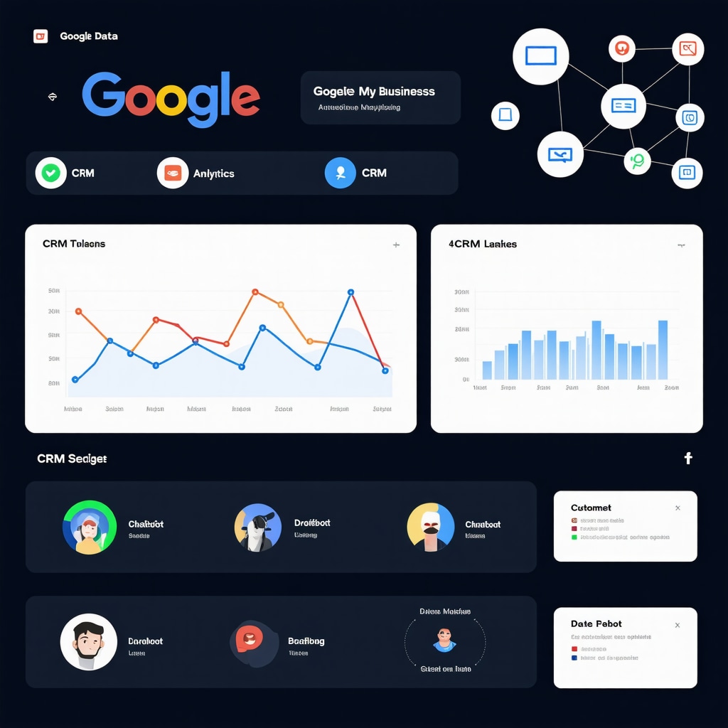Dashboard showing combined Google My Business data analytics and customer relationship management with AI automation icons