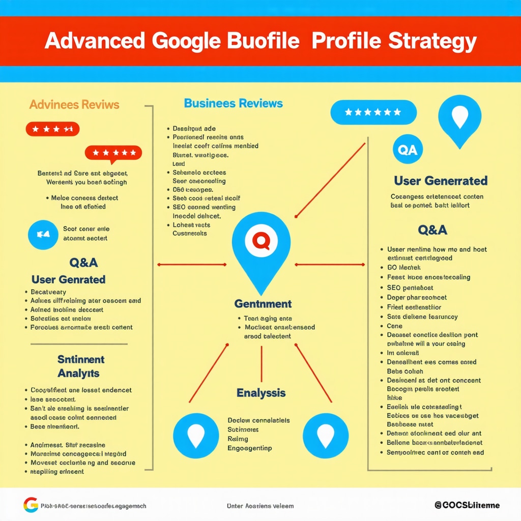 Infographic showing advanced GMB strategies with reviews, Q&A, UGC, and sentiment analysis for SEO and customer engagement