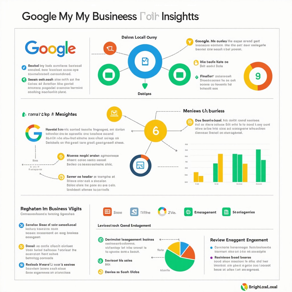 Infographic showing data integration between Google My Business Insights and BrightLocal analytics highlighting key local SEO metrics
