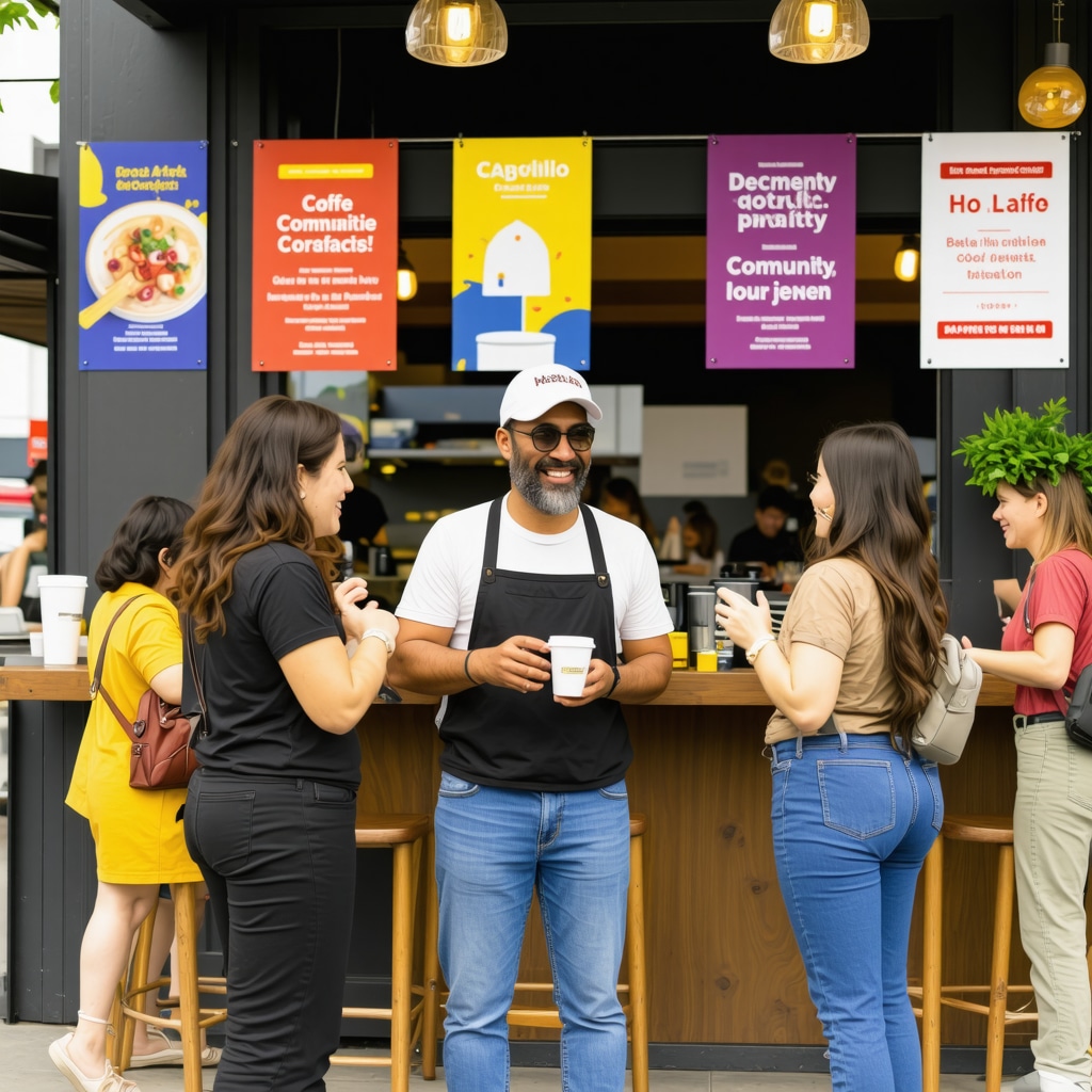 Local business owner interacting with customers at community event showcasing local partnerships