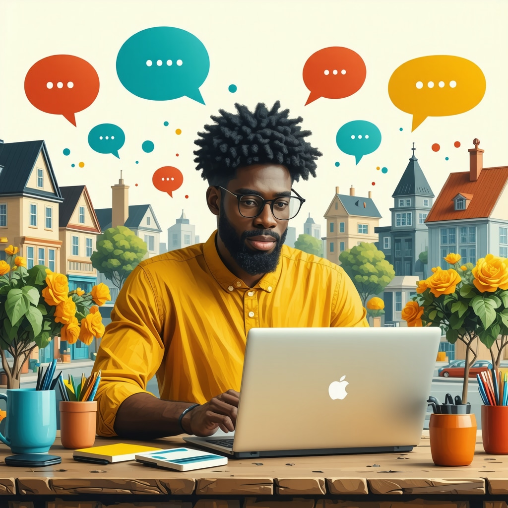 Local business owner using laptop to optimize hyperlocal SEO for voice search with community landmarks and speech bubbles