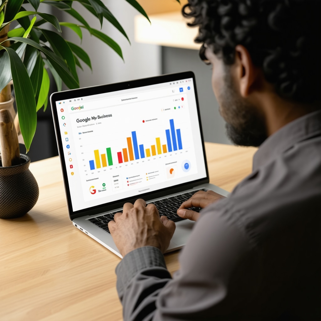 Business owner analyzing Google My Business performance metrics on a laptop screen