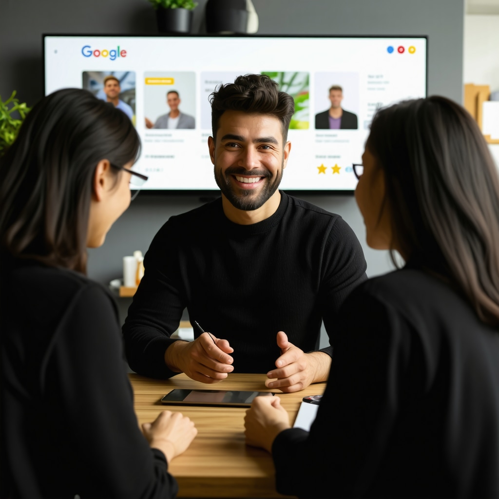 Local business owner smiling with customers and positive Google My Business reviews displayed