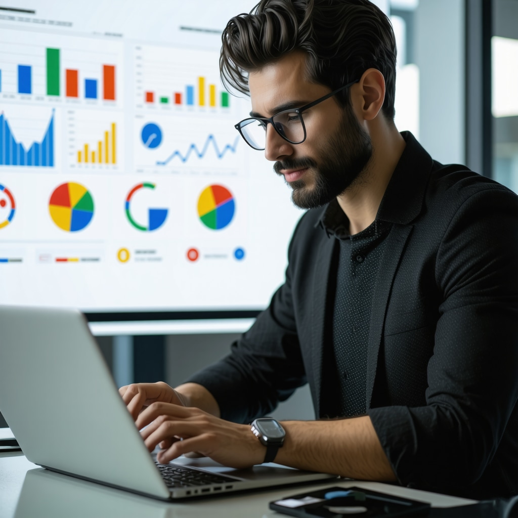 Business owner analyzing Google My Business data with AI tools for local SEO