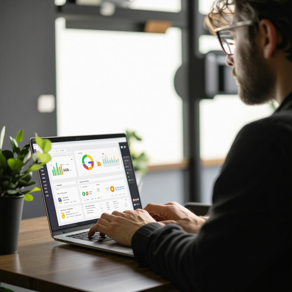 Business owner using AI tools on laptop analyzing Google My Business reviews
