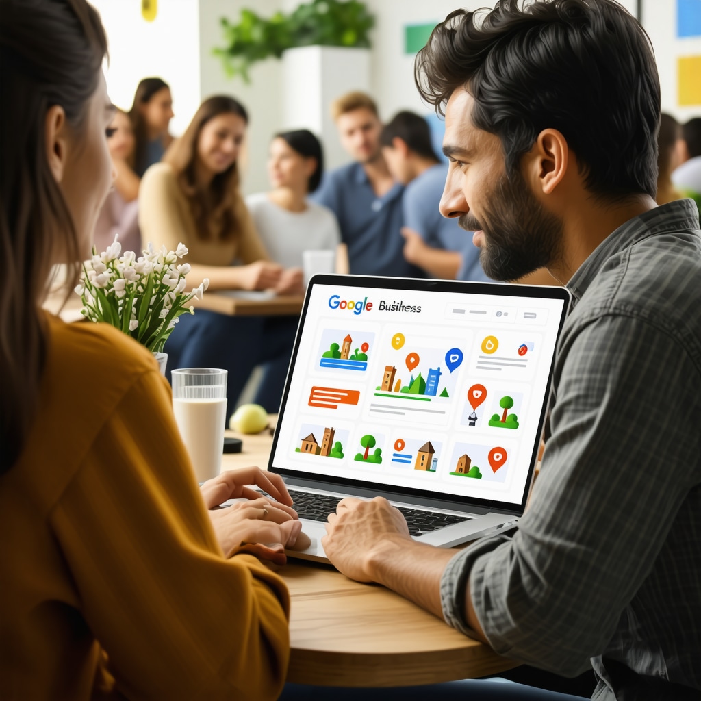 Illustration of a local business owner optimizing Google Business Profile with community and SEO elements