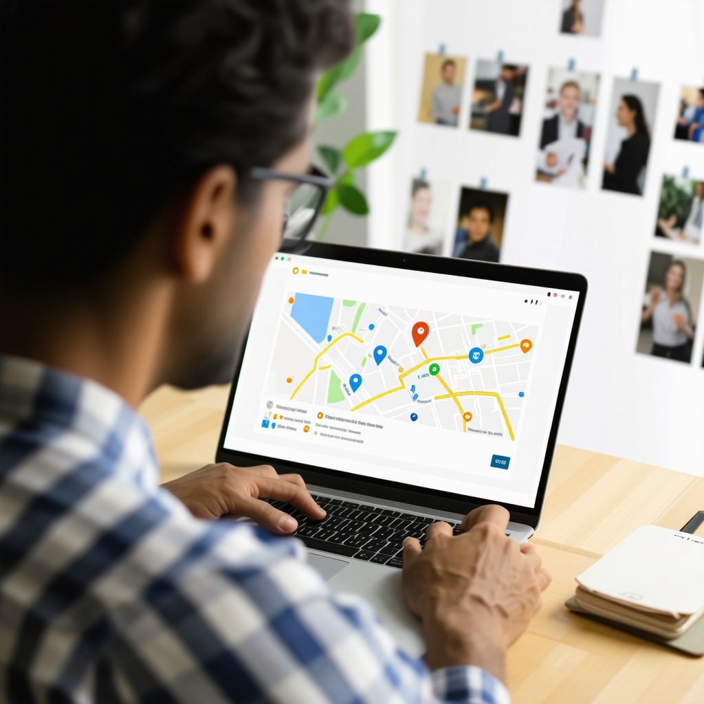 Local business owner analyzing Google Maps SEO metrics with photos and reviews on screen