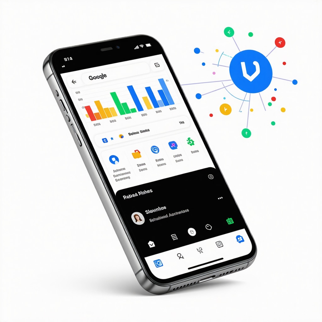 Mobile device screen showing Google Business Profile with behavioral analytics and schema markup icons