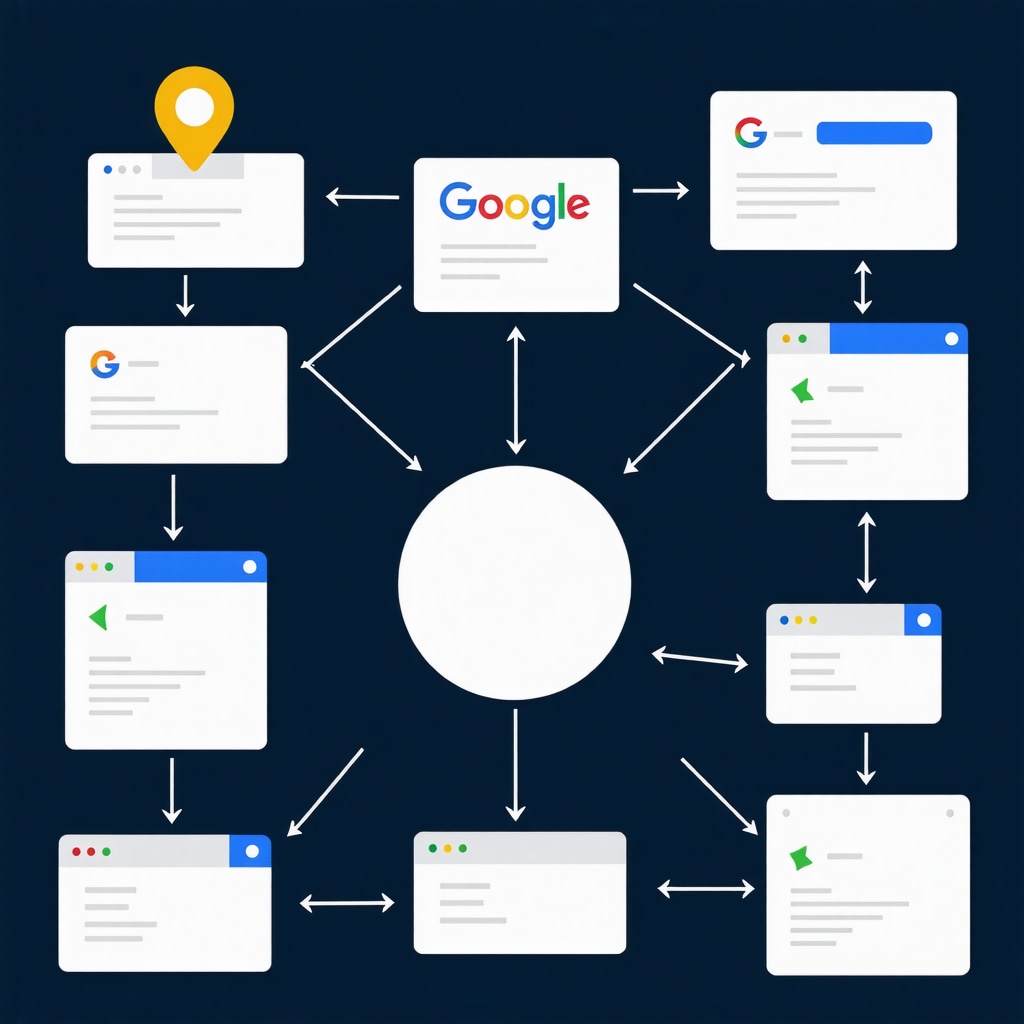 Diagram showing geofencing, Google Business Posts, offline events, and analytics integration for local SEO