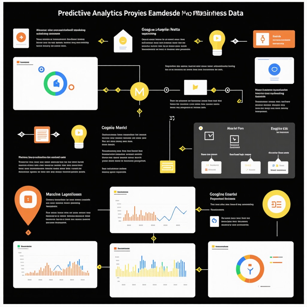 Infographic illustrating predictive analytics workflow with Google My Business data for local SEO