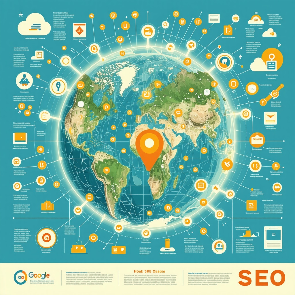 Infographic showing semantic SEO, geo-targeted content hubs, and advanced schema markup for Google Business SEO