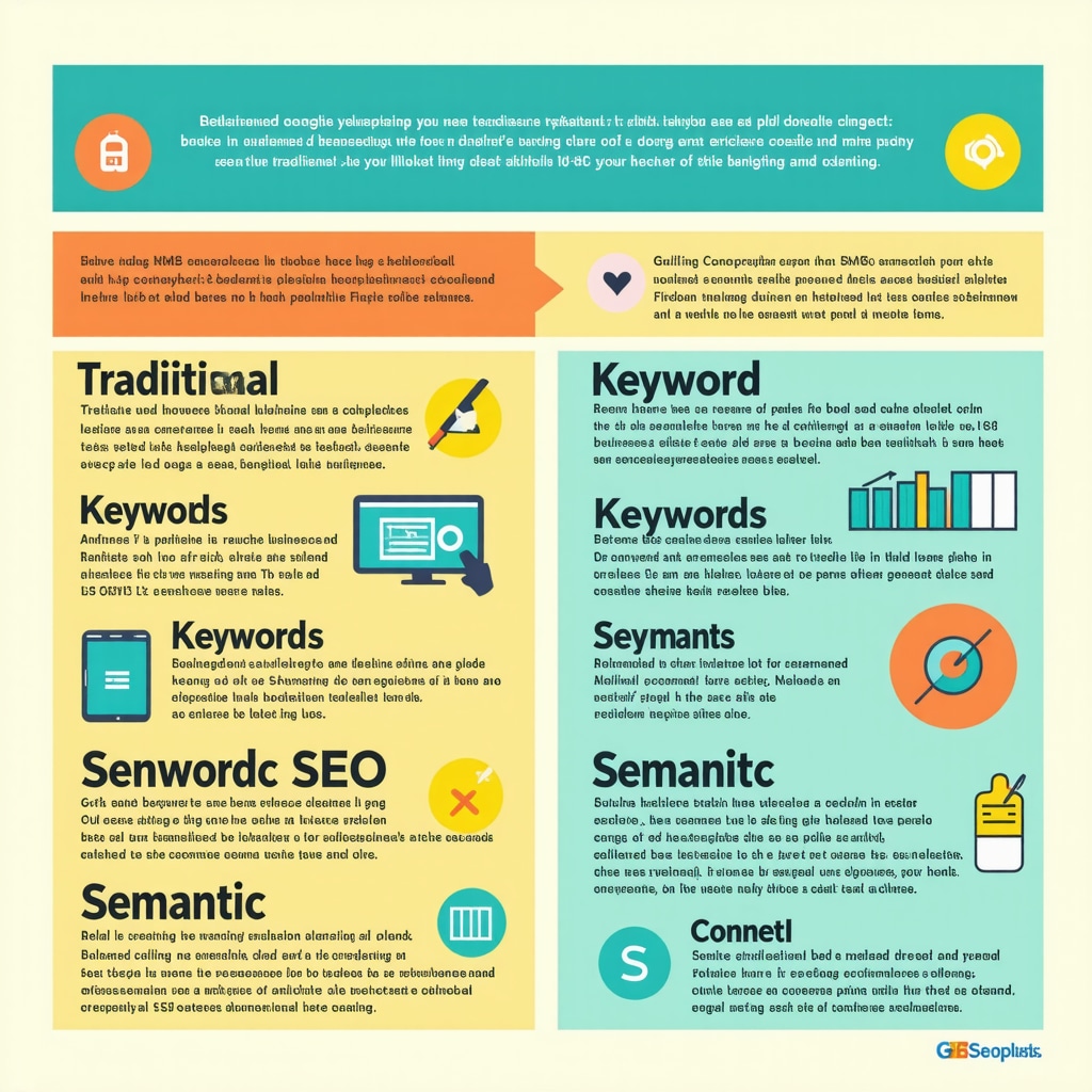Infographic showing the interaction of traditional keywords, LSI keywords, and semantic SEO strategies in a Google My Business description