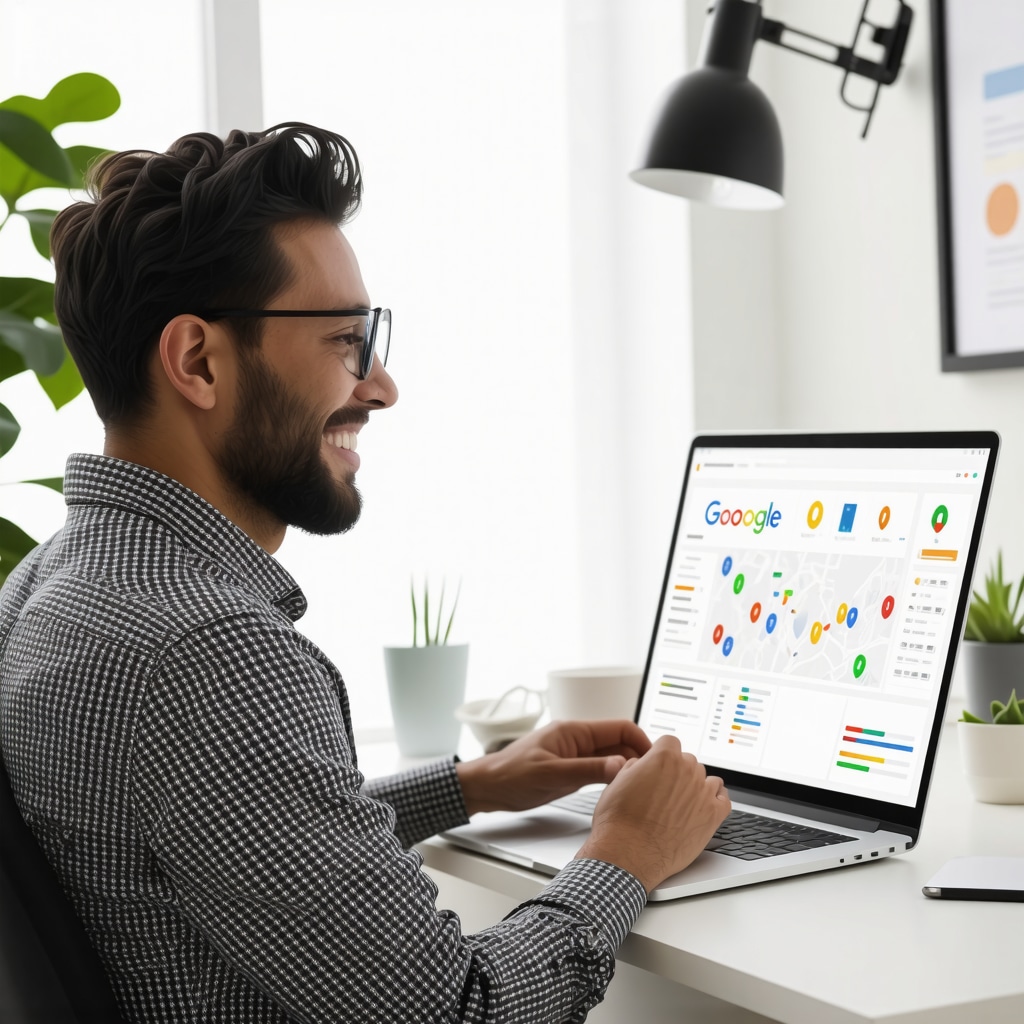 Small business owner analyzing Google My Business data on laptop with charts and local maps