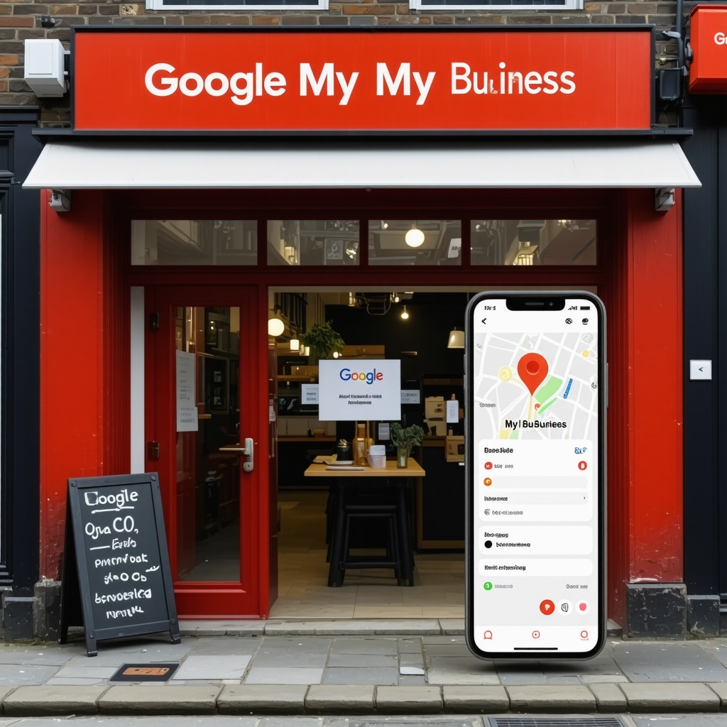 Small business storefront with Google My Business profile on digital device screen