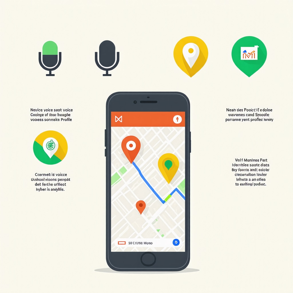Infographic showing voice search, local map pins, and SEO analytics integration