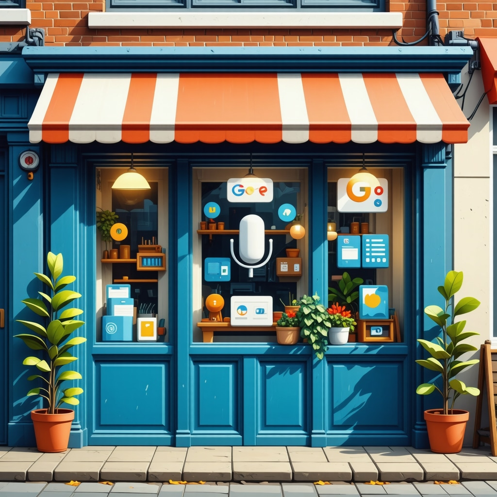 Small business storefront with AI and voice search icons showing Google My Business optimization