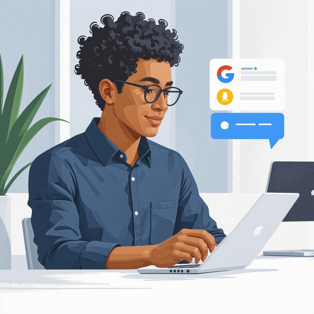 Local business owner using AI chatbot and voice search features on Google My Business profile