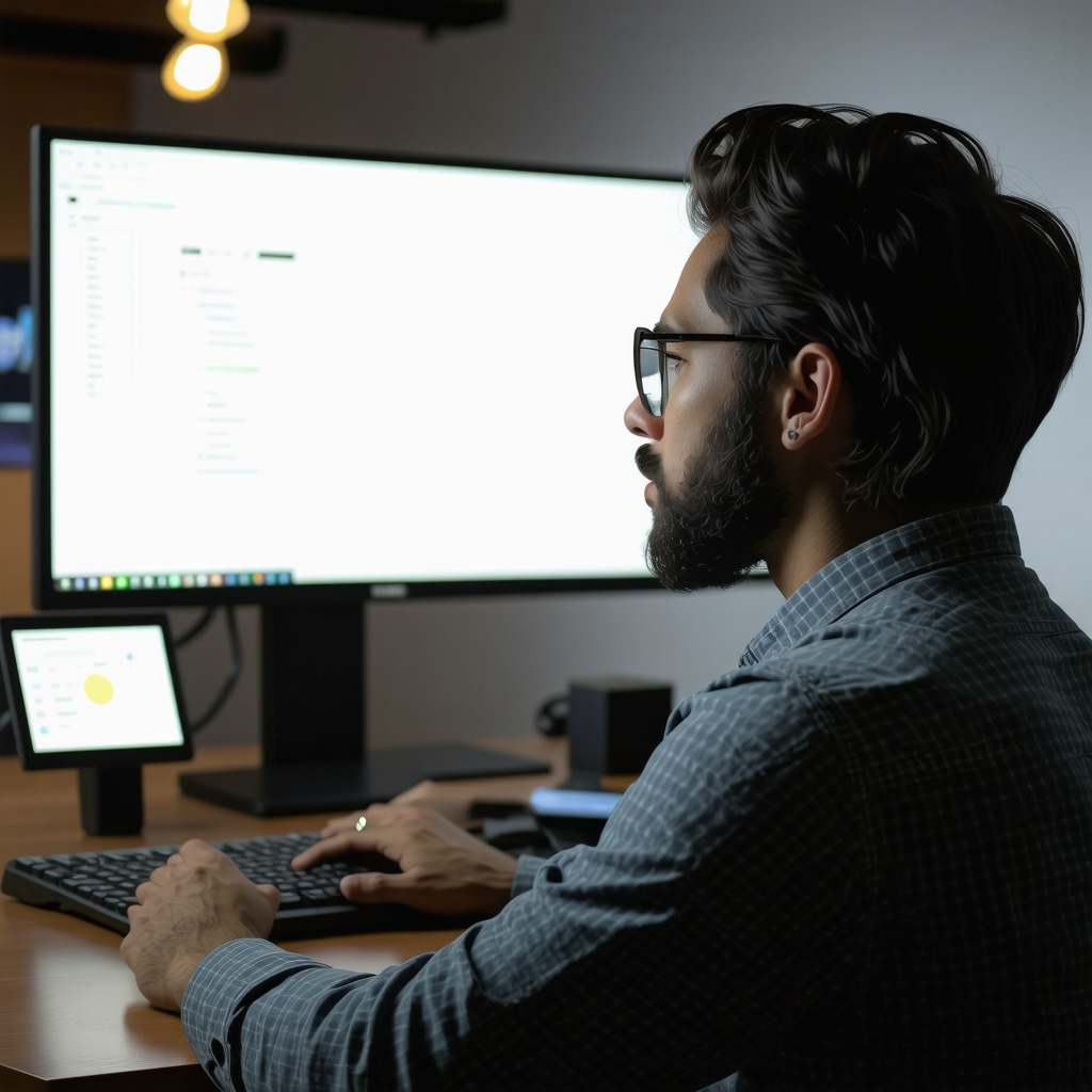 Business owner reviewing AI analytics dashboard with schema markup code