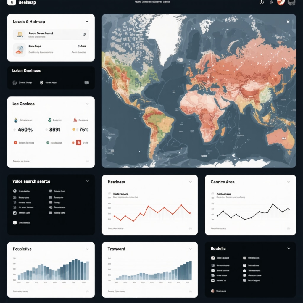 Digital dashboard showing AI-powered SEO analytics with local geo-heatmaps and voice search data for service-area businesses