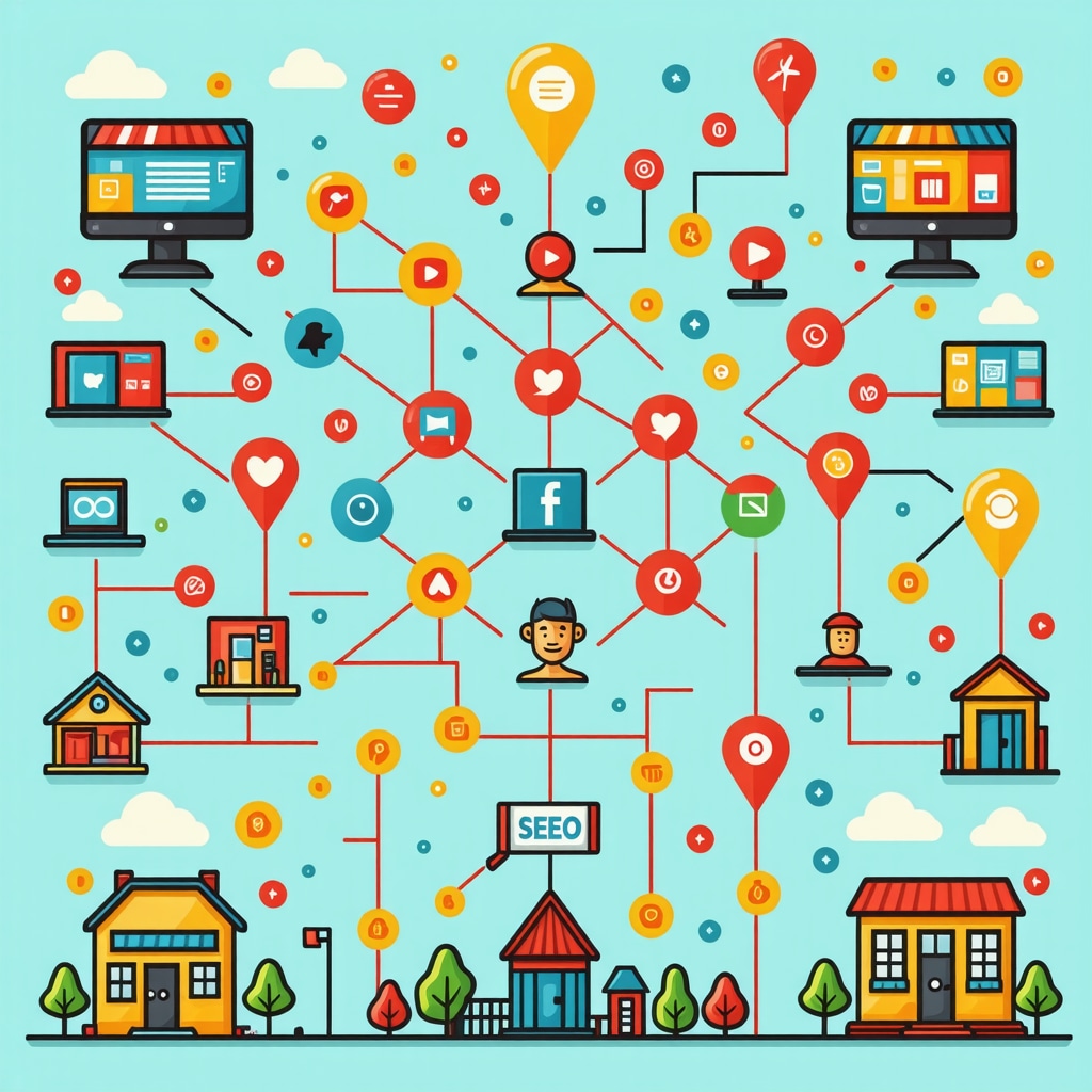 Infographic illustrating AI-powered local SEO tools, hyperlocal social media signals, and omnichannel marketing strategies for neighborhood businesses