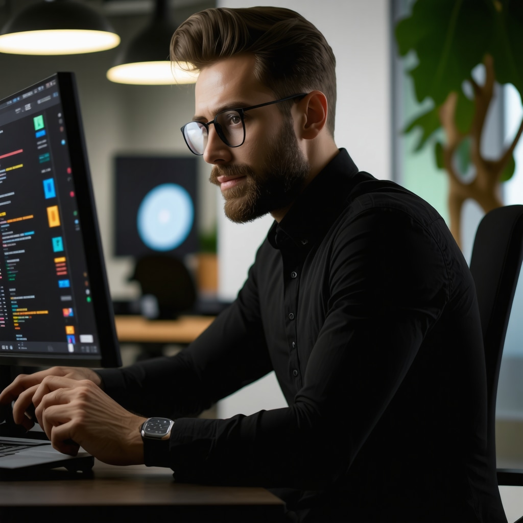 Business owner operating AI verification software on computer in modern office