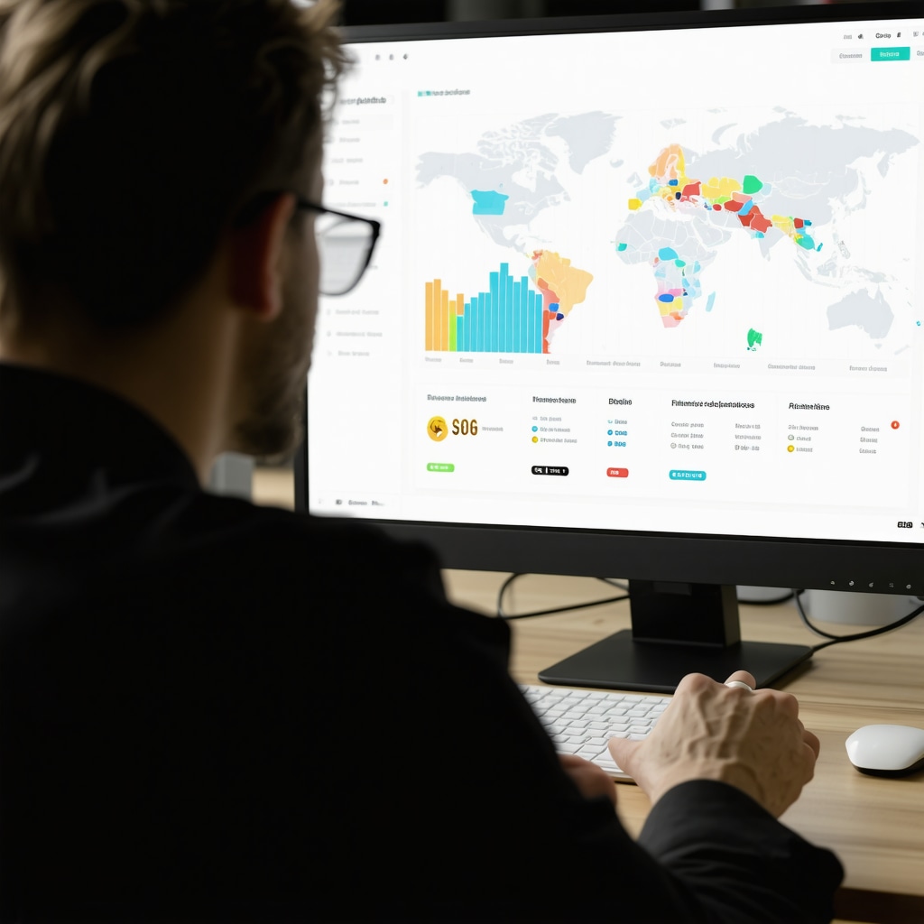 Business owner reviewing data on a computer screen showing local SEO metrics and maps