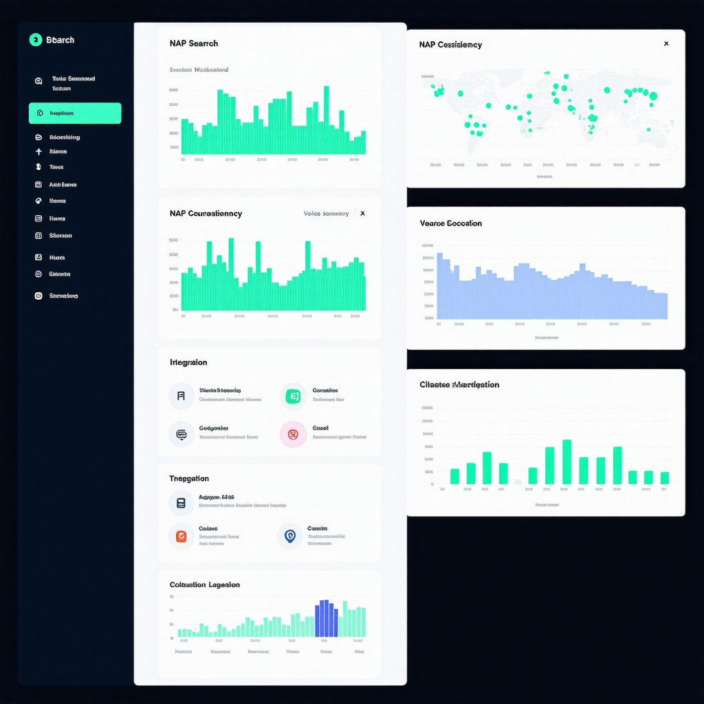 AI dashboard showing NAP consistency scores, voice search data, and citation updates for local businesses