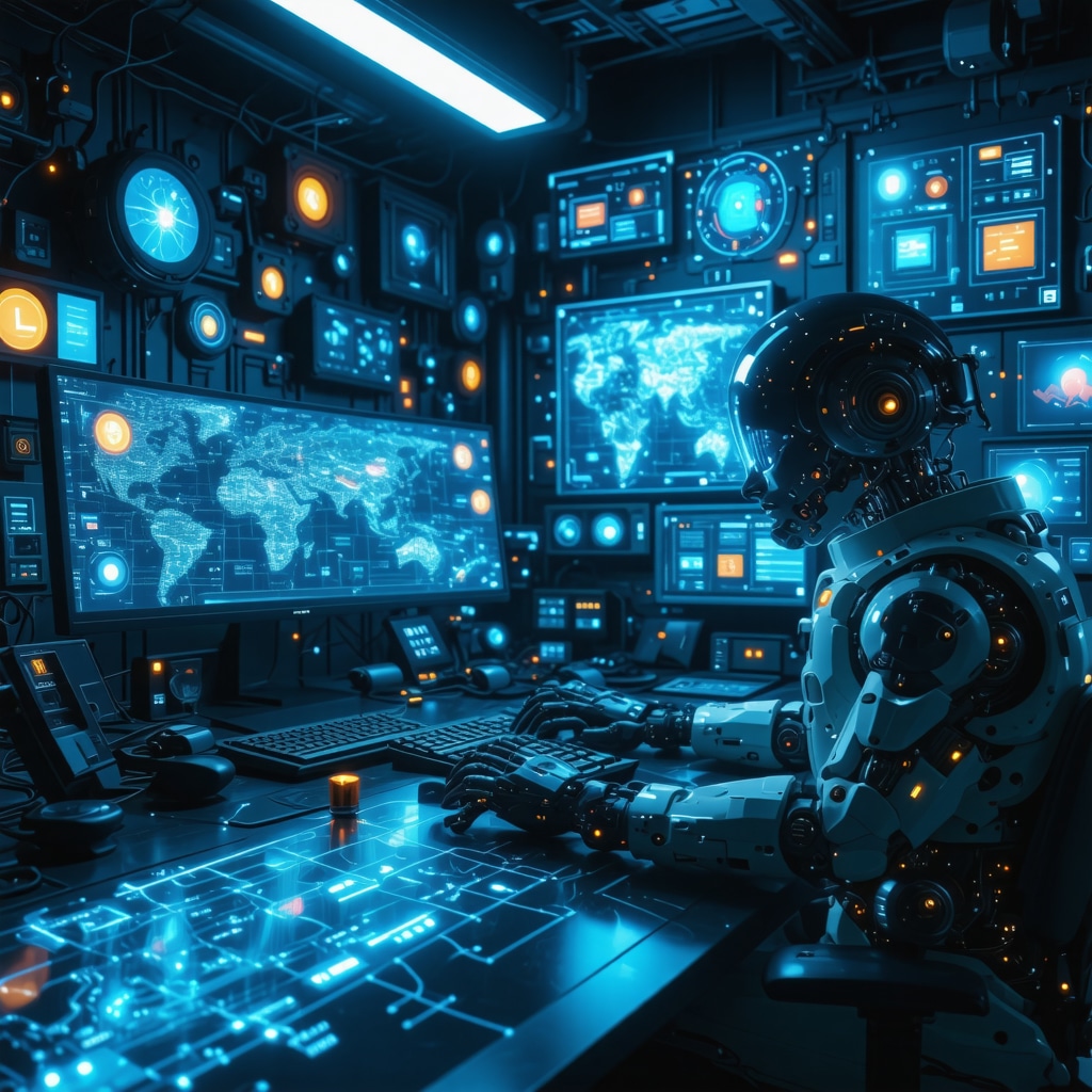 Futuristic office with AI technology analyzing local search data for Google My Business optimization.
