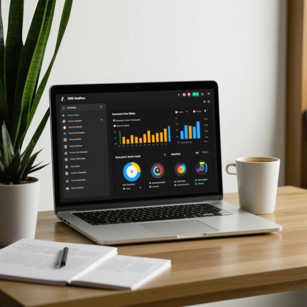 Laptop displaying AI analytics and Google My Business post editor in a digital marketing workspace
