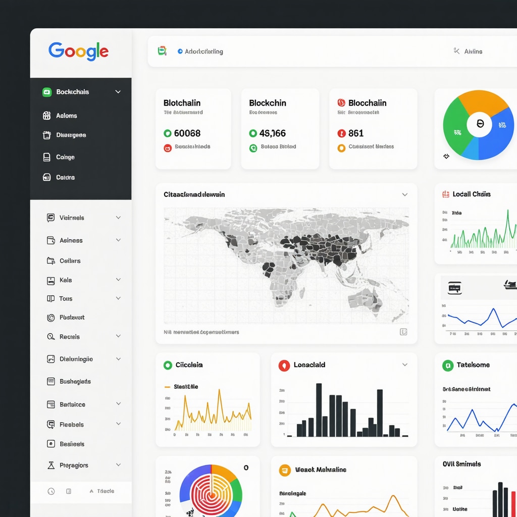 Digital dashboard showing AI analytics, blockchain chains, and citation networks for advanced local SEO