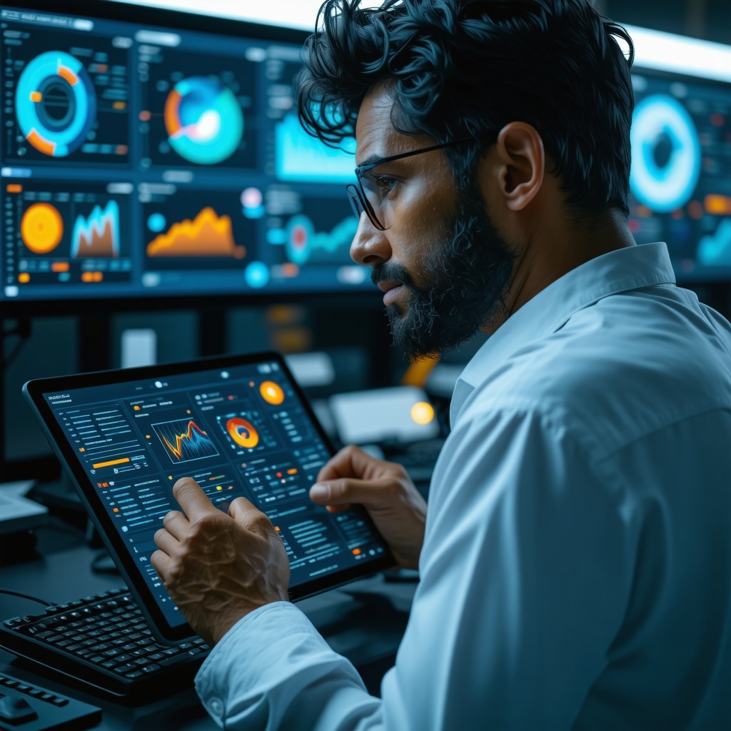 Business owner reviewing AI analytics and schema markup strategies on digital tablet in modern office