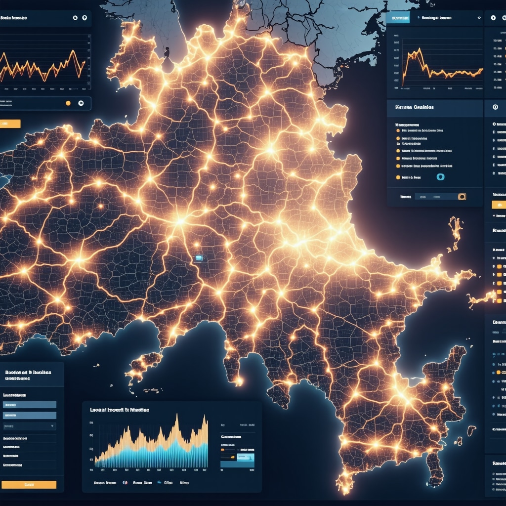 Digital dashboard showing AI-powered analytics, heatmaps, and local business data on city map for advanced SEO optimization