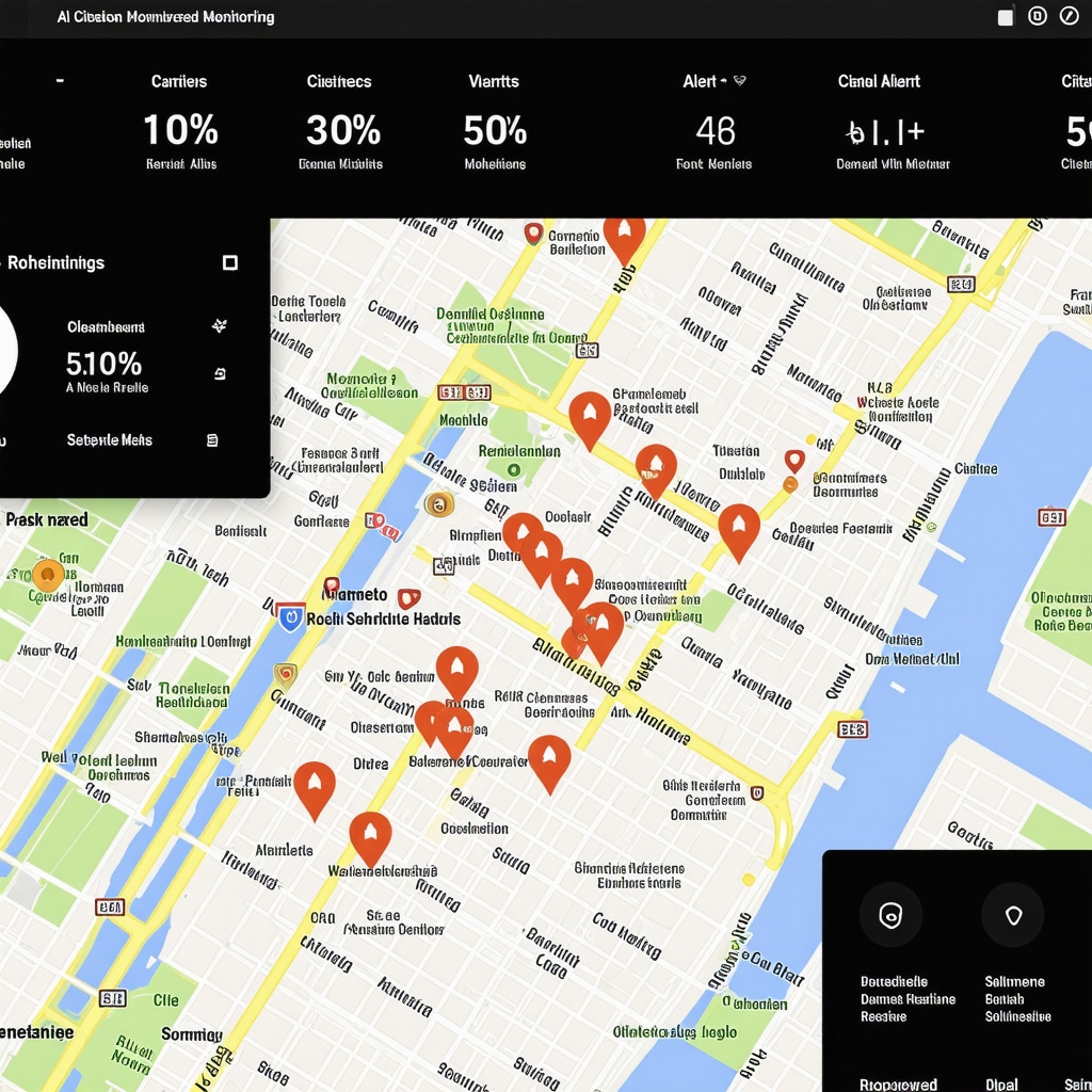 Digital dashboard featuring AI citation monitoring tools and local SEO metrics visualized on a city map