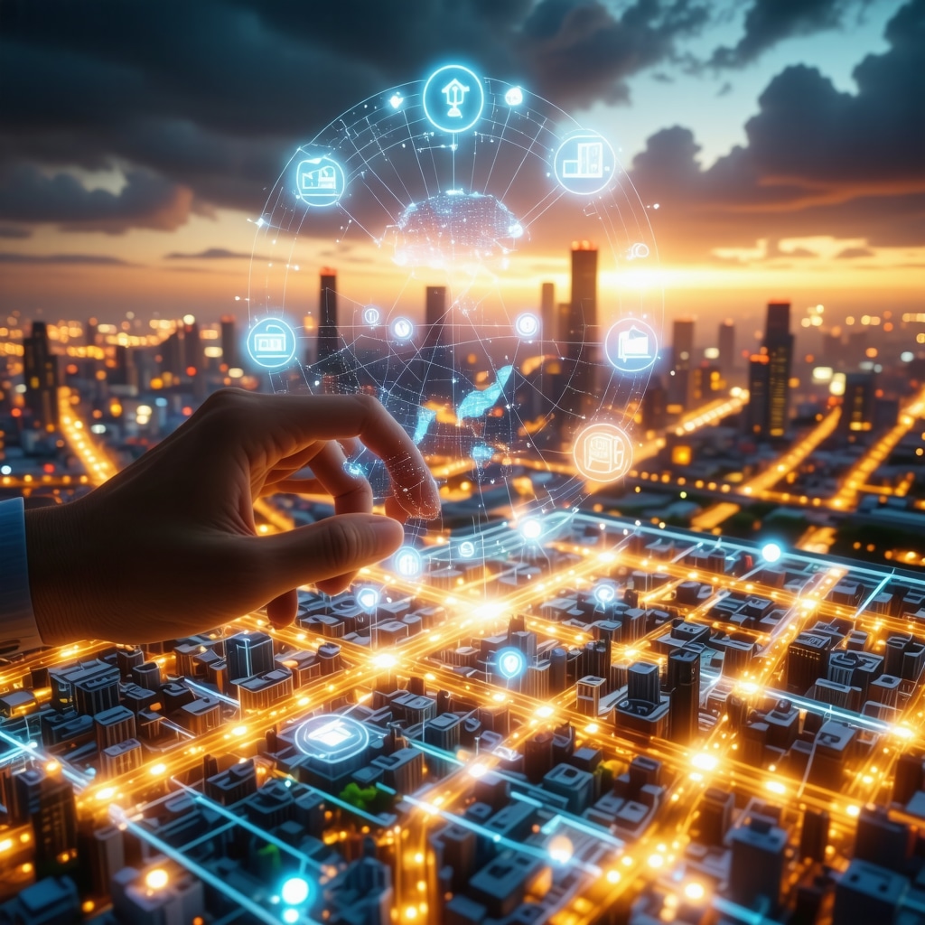 Augmented reality view of a city map with interactive business icons and virtual elements