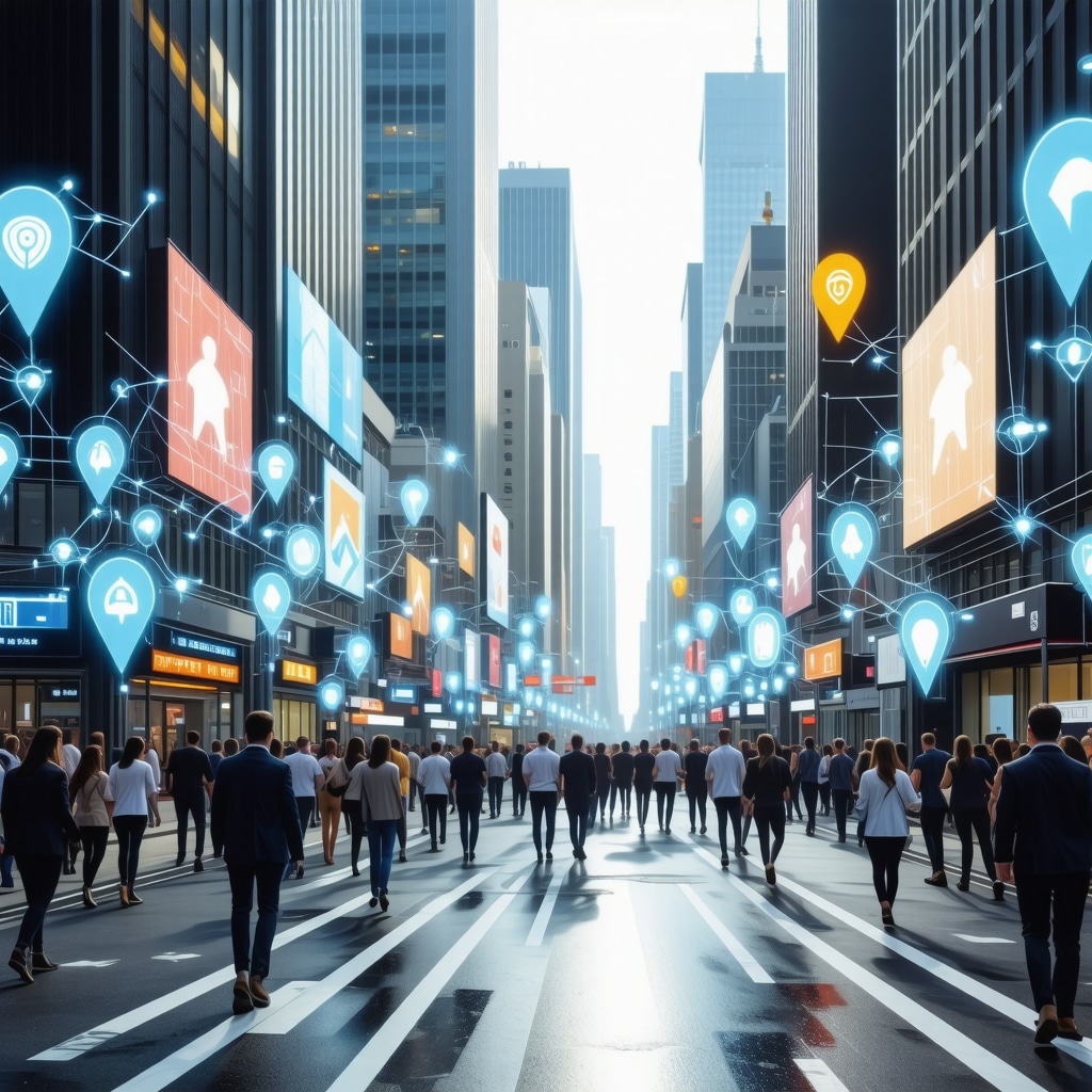 Futuristic cityscape with AR overlays showcasing local businesses