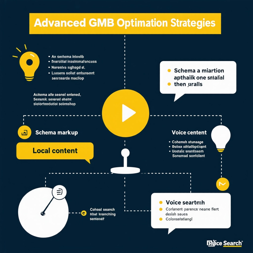 Infographic showing detailed strategies for enhancing Google My Business profile with schema, content, and voice search