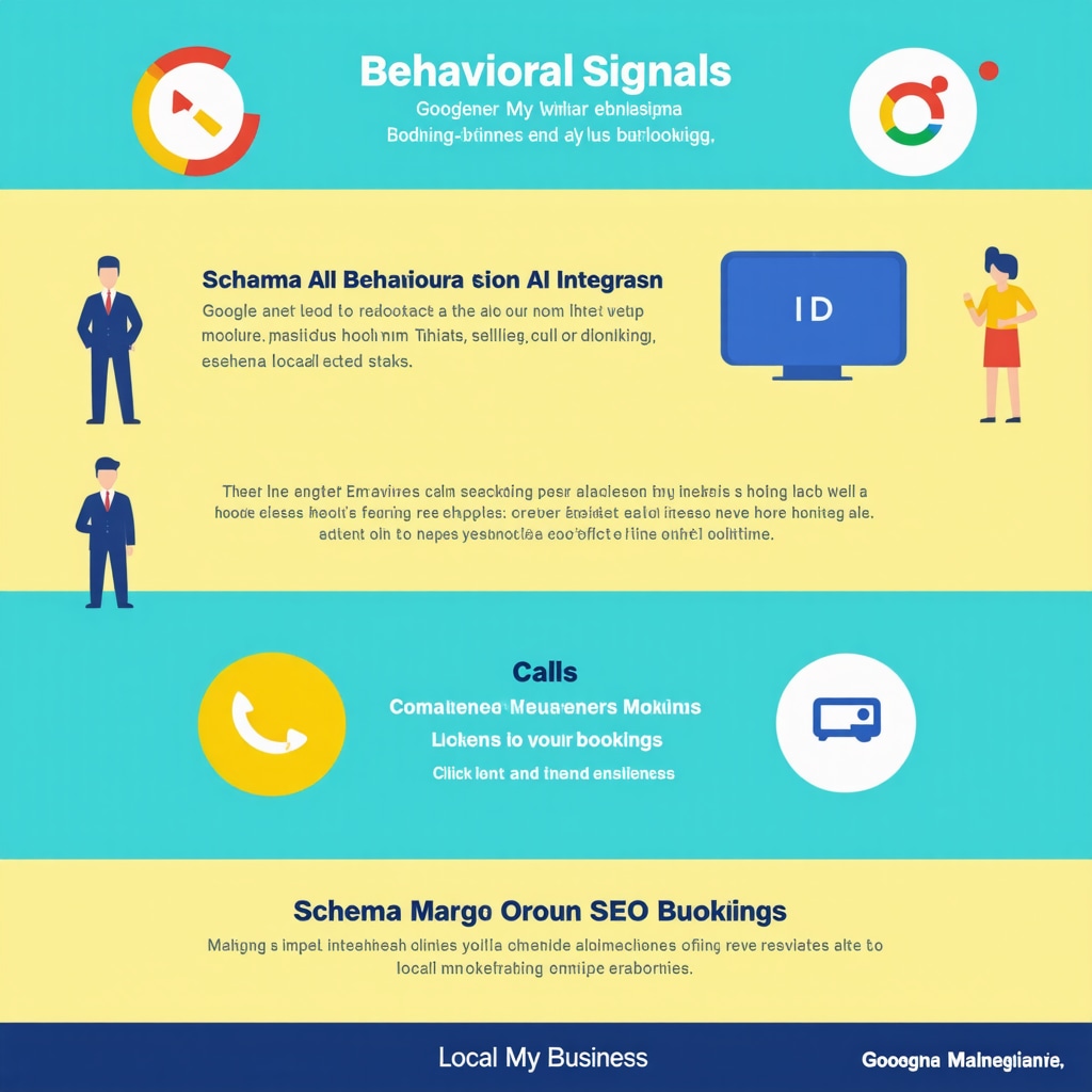Infographic showing behavioral metrics, AI tools, and schema markup boosting GMB SEO rankings