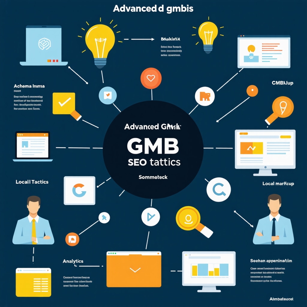 Infographic showing advanced Google My Business SEO tactics including schema, analytics, backlinks, and local optimization