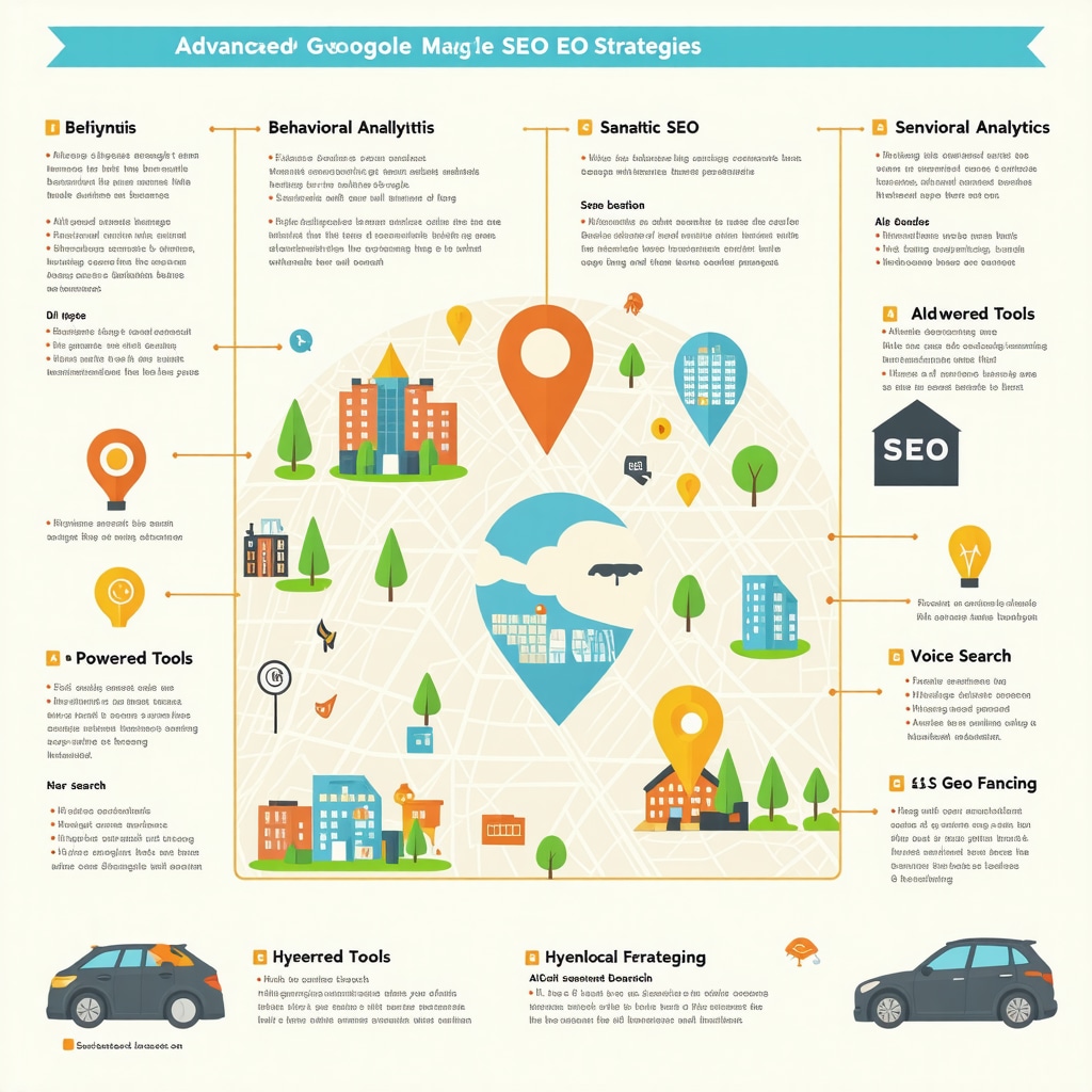 Infographic showing behavioral analytics, semantic SEO, AI tools, voice search optimization, and geo-fencing for local SEO